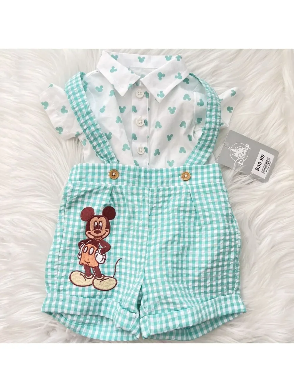 NWT Disney Baby Mickey Mouse Gingham Shortall Overalls 0-3M Aqua Embroidered